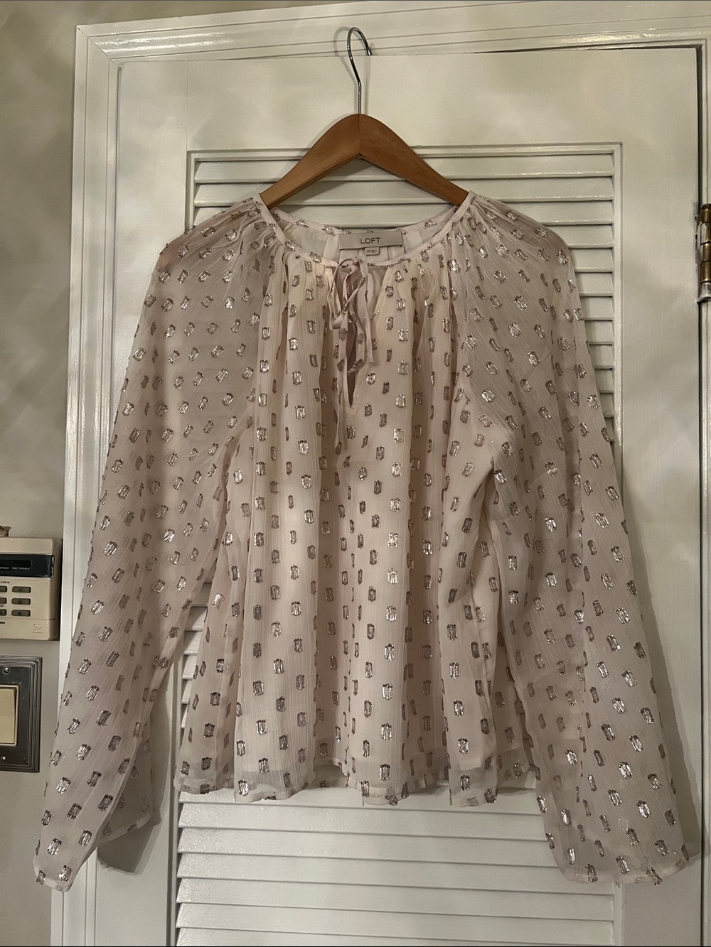 LOFT Cream Blouse with Silver Metallic Dot Accents